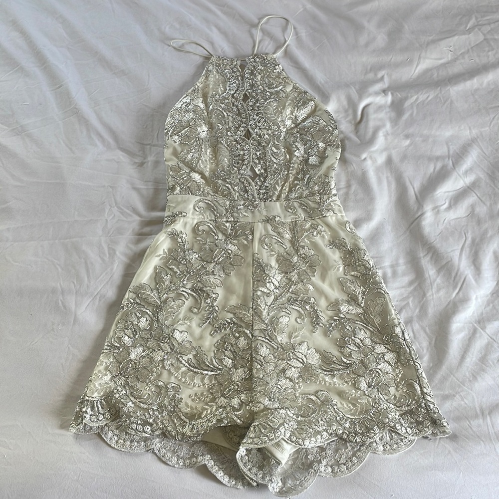Luxxel, Cream Silver-embroidered romper, S